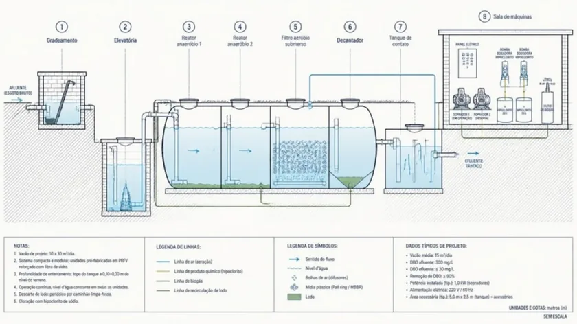 Corte de uma ETE compacta com gradeamento, elevatória, reatores anaeróbios, filtro aeróbio submerso, decantador e tanque de contato